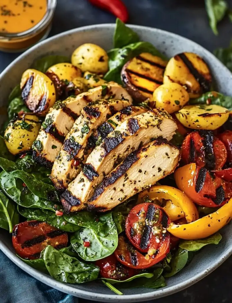 Spinach Salad with Grilled Veggies and Herb Chicken