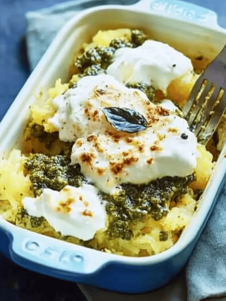 Cheesy Spaghetti Squash with Pesto (Low Carb and Gluten Free)