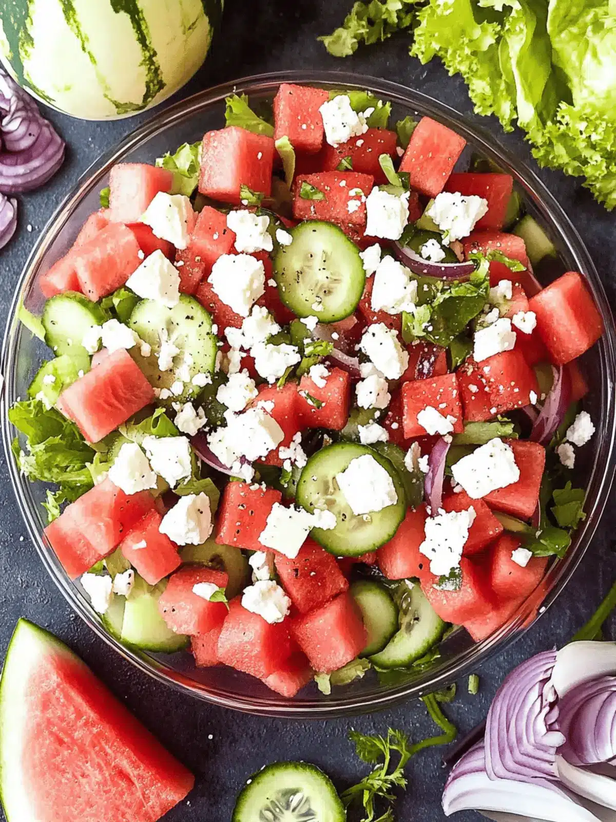 Watermelon Salad with Cucumber and Feta Cheese