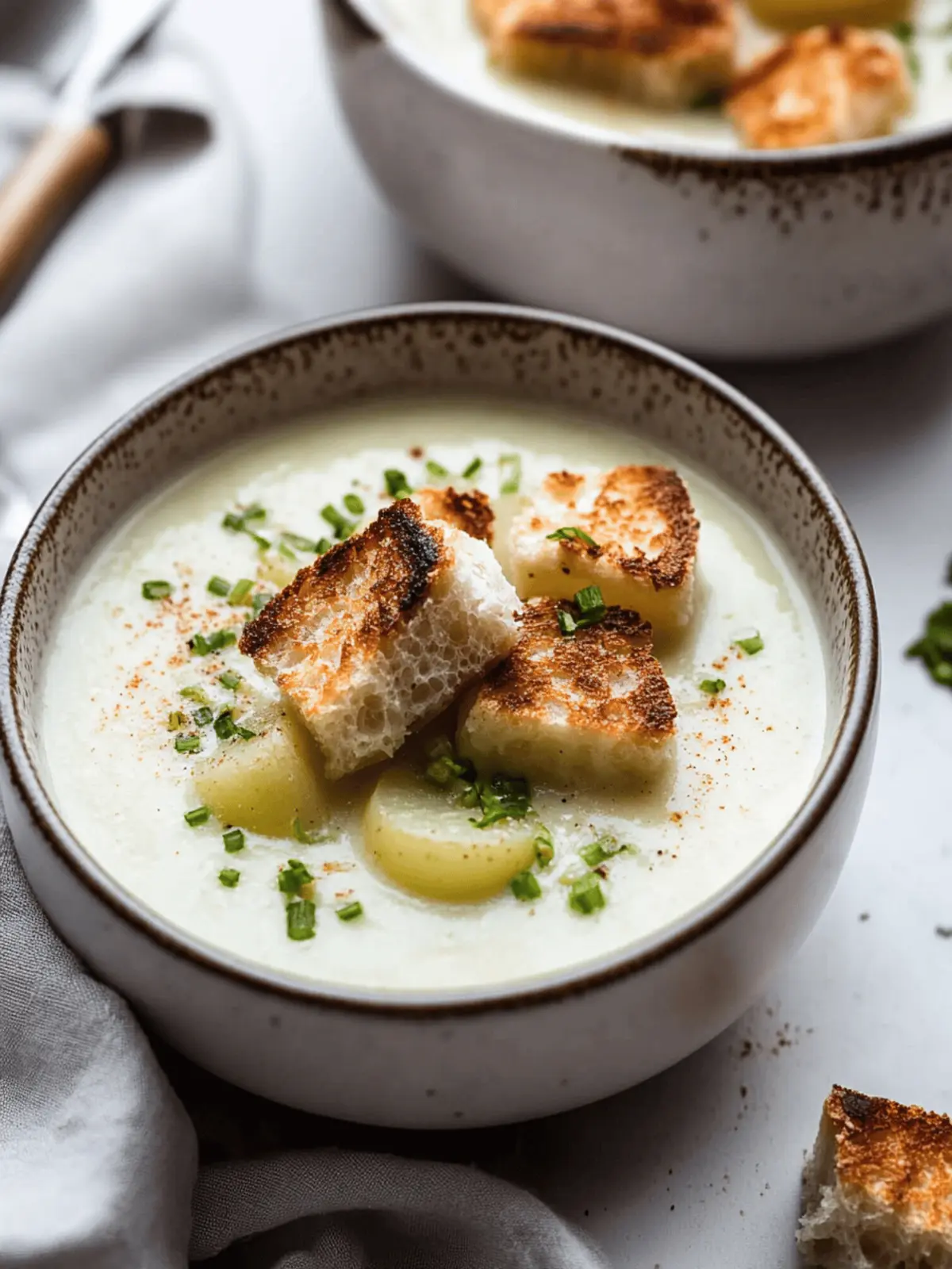 Roasted Garlic Potato Soup with Grilled Cheese Croutons