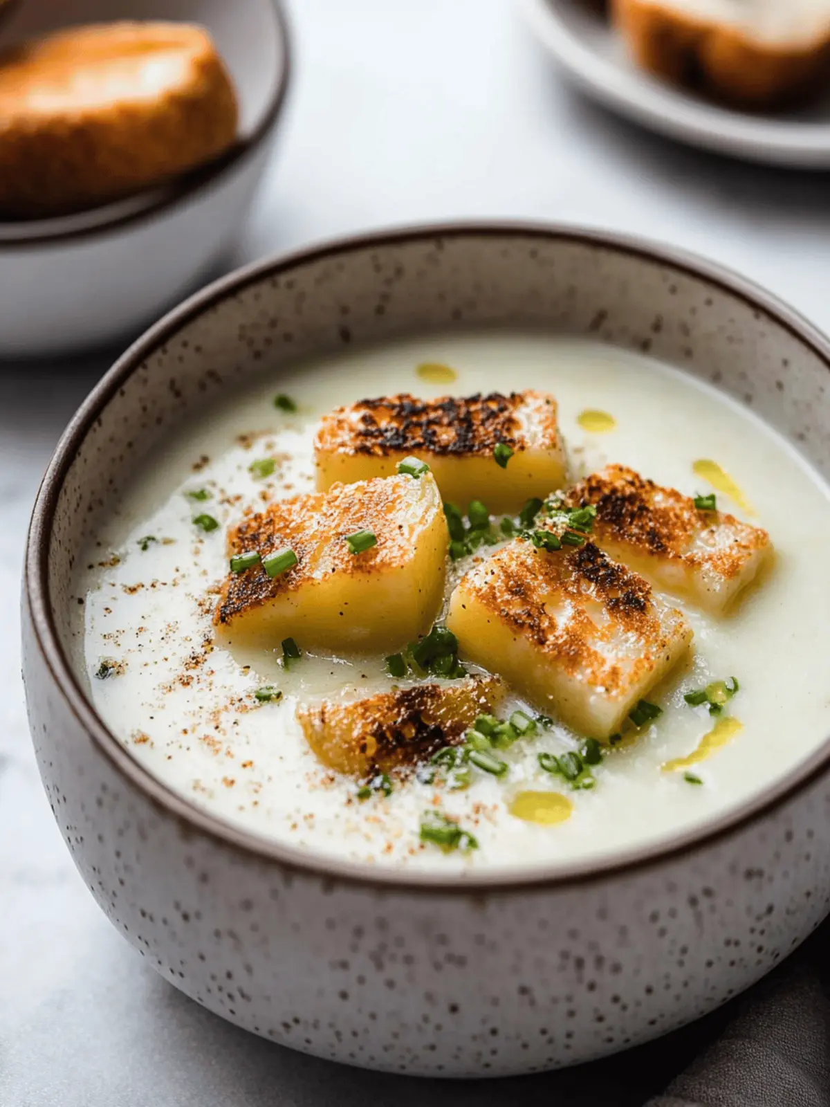Roasted Garlic Potato Soup with Grilled Cheese Croutons