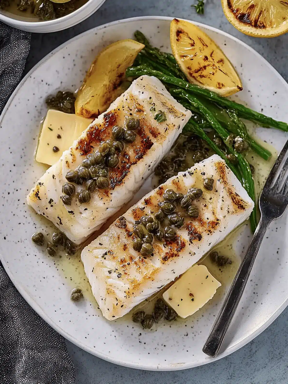 Grilled Halibut with White Wine, Butter, and Caper Sauce