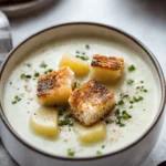 Roasted Garlic Potato Soup with Grilled Cheese Croutons