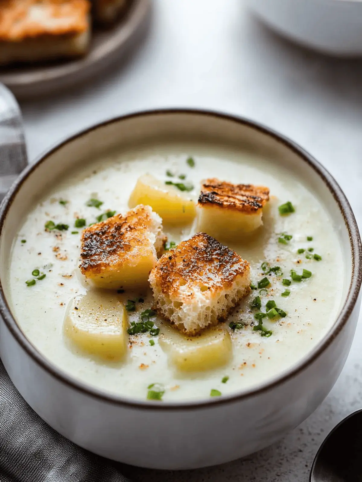 Roasted Garlic Potato Soup with Grilled Cheese Croutons